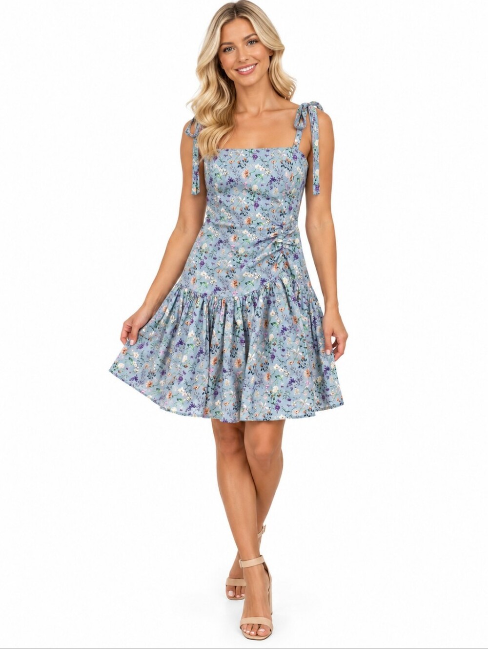Mable The Refinery Abby Blue Floral Mini Dress Size Small Bows Flare Feminine